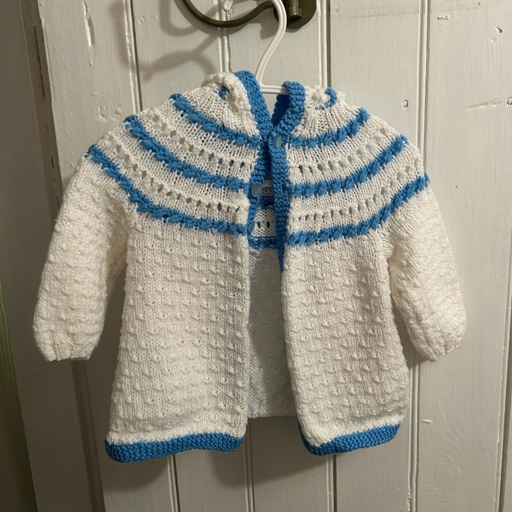 Handmade 12m White and Blue Knit Baby button up hooded Cardigan